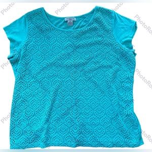 Liz Claiborne Womens Short Sleeve Crochet Detail Blouse in Turquoise Sz 1X